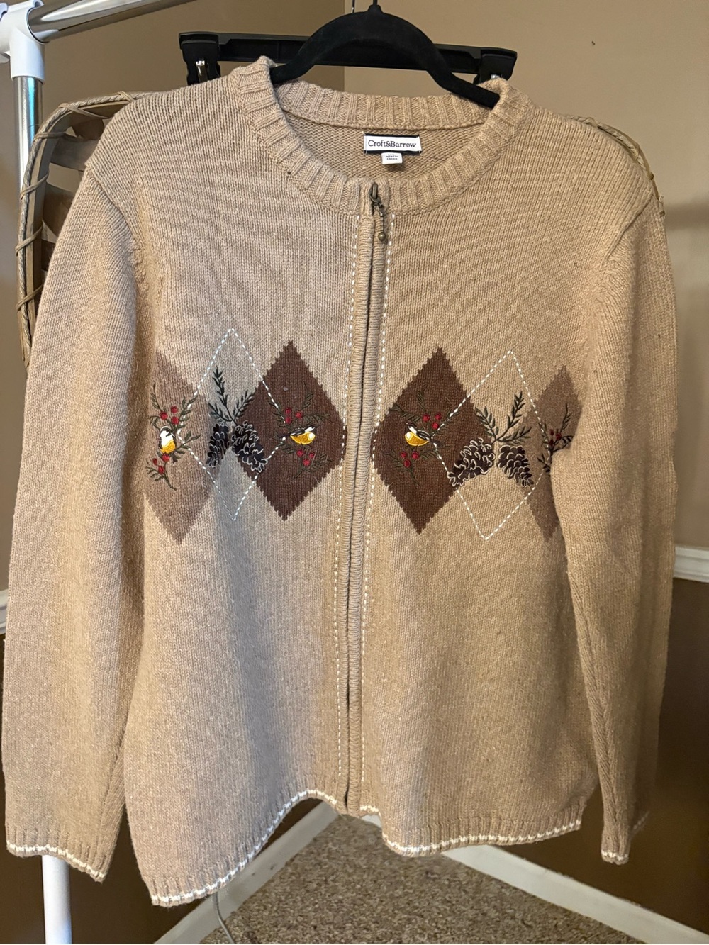 Vintage Croft & Barrow Embroidered Geometric Cardigan in Brown & Beige Like New